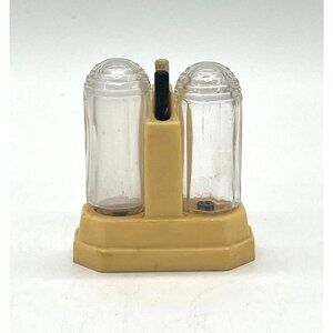 Vintage 1930's Imperial Metal Clear Salt and Pepper Shakers w/Yellow Holder